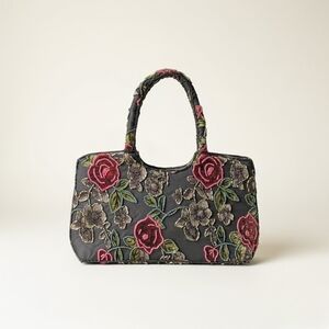 90s Vintage Black Beaded Velvet Clutch Handbag Floral Whimsigoth Romantic Formal